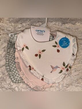 Carter's Floral & Hummingbird Ruffle Baby Bibs - White, Pink, Green